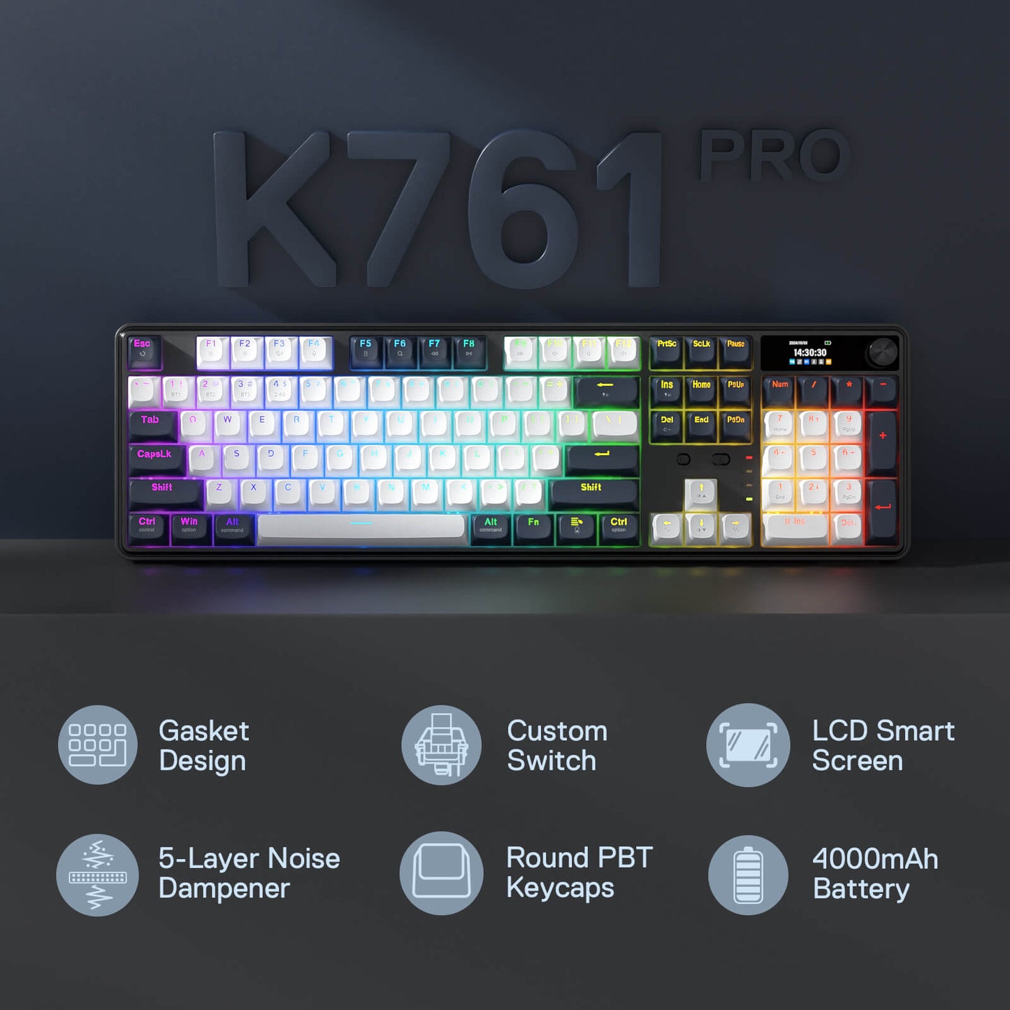 The Redragon K761 Pro is showcased, highlighting its key features: gasket design, custom switches, LCD smart screen, 5-layer noise dampener, round PBT keycaps, and 4000mAh battery.