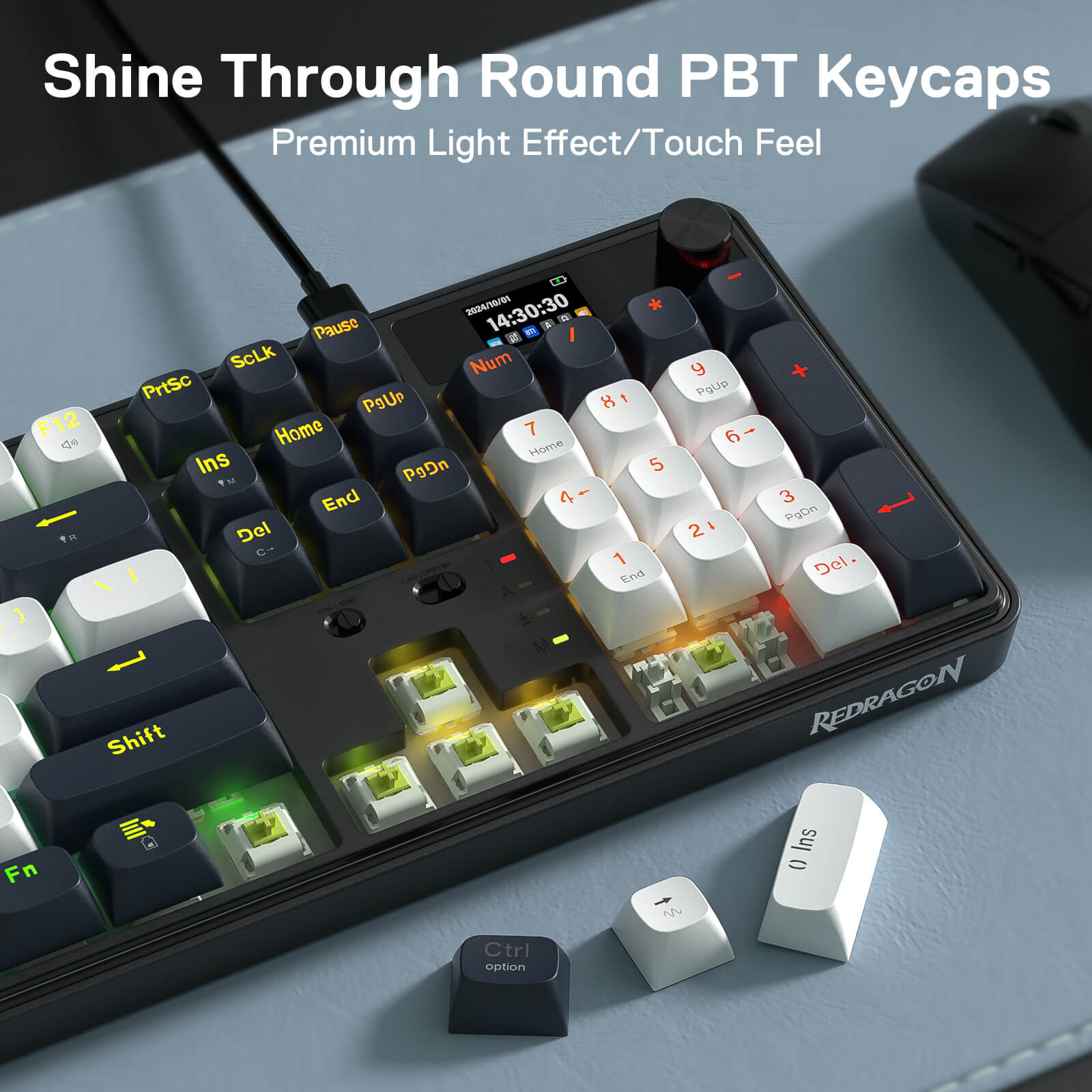 The keyboard’s shine-through round PBT keycaps are featured, with some keycaps removed to expose the Mint Mambo switches, delivering a premium light effect and tactile feel.