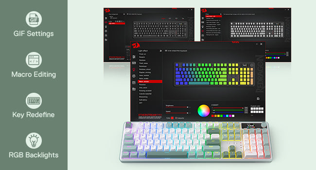 Keyboard with RGB backlighting and software interface on a light gray background