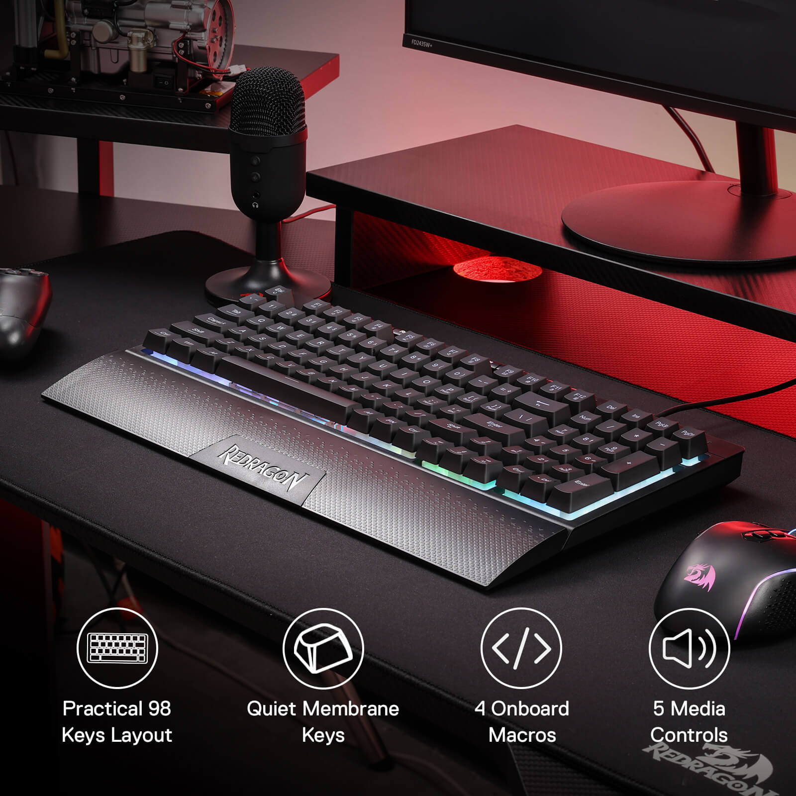 Redragon K515 SHIVA RGB Membrane Gaming Keyboard, 98 Keys Mechanical-Feel Keyboard w/Smooth Linear Switch, On-Board Macro & Dedicated Multimedia Keys, Detachable Wrist Rest, Software Supported