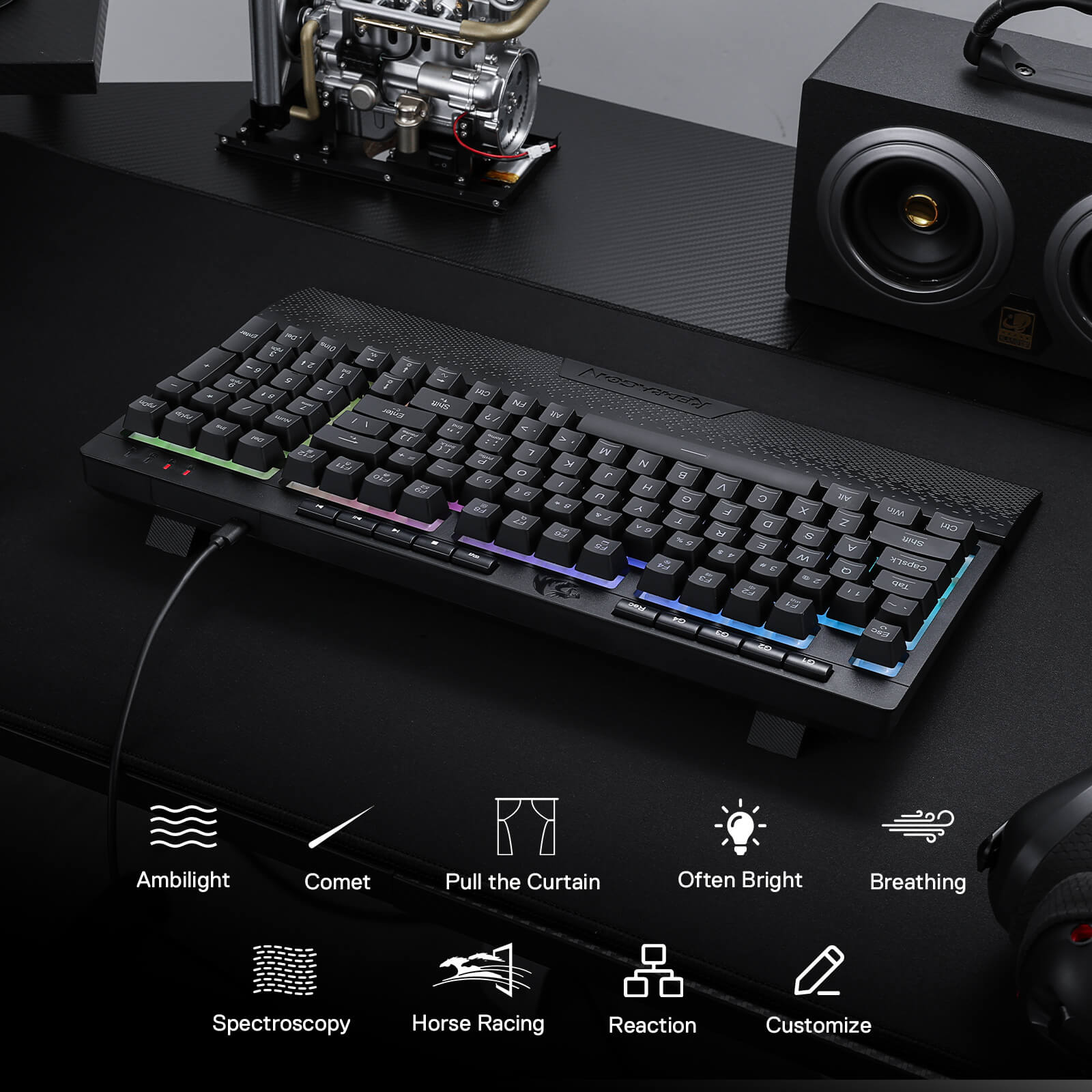 Redragon K515 SHIVA RGB Membrane Gaming Keyboard, 98 Keys Mechanical-Feel Keyboard w/Smooth Linear Switch, On-Board Macro & Dedicated Multimedia Keys, Detachable Wrist Rest, Software Supported