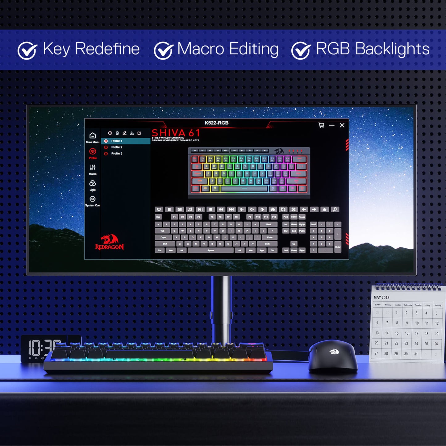Redragon K522 60% RGB Membrane Gaming Keyboard, Compact 61 Keys Linear Mechanical-Feel Switch Keyboard w/ 4 Extra On-Board Macro Keys & Media Control Keys