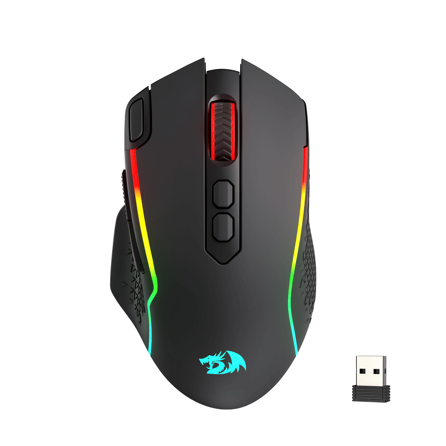 Redragon M810 Gaming mouse with RGB lighting and a USB receiver on a black background