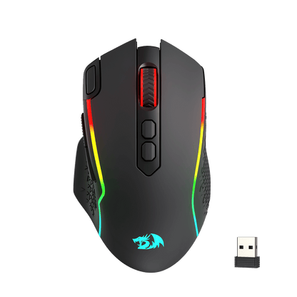 Redragon M810 Gaming mouse with RGB lighting and a USB receiver on a black background