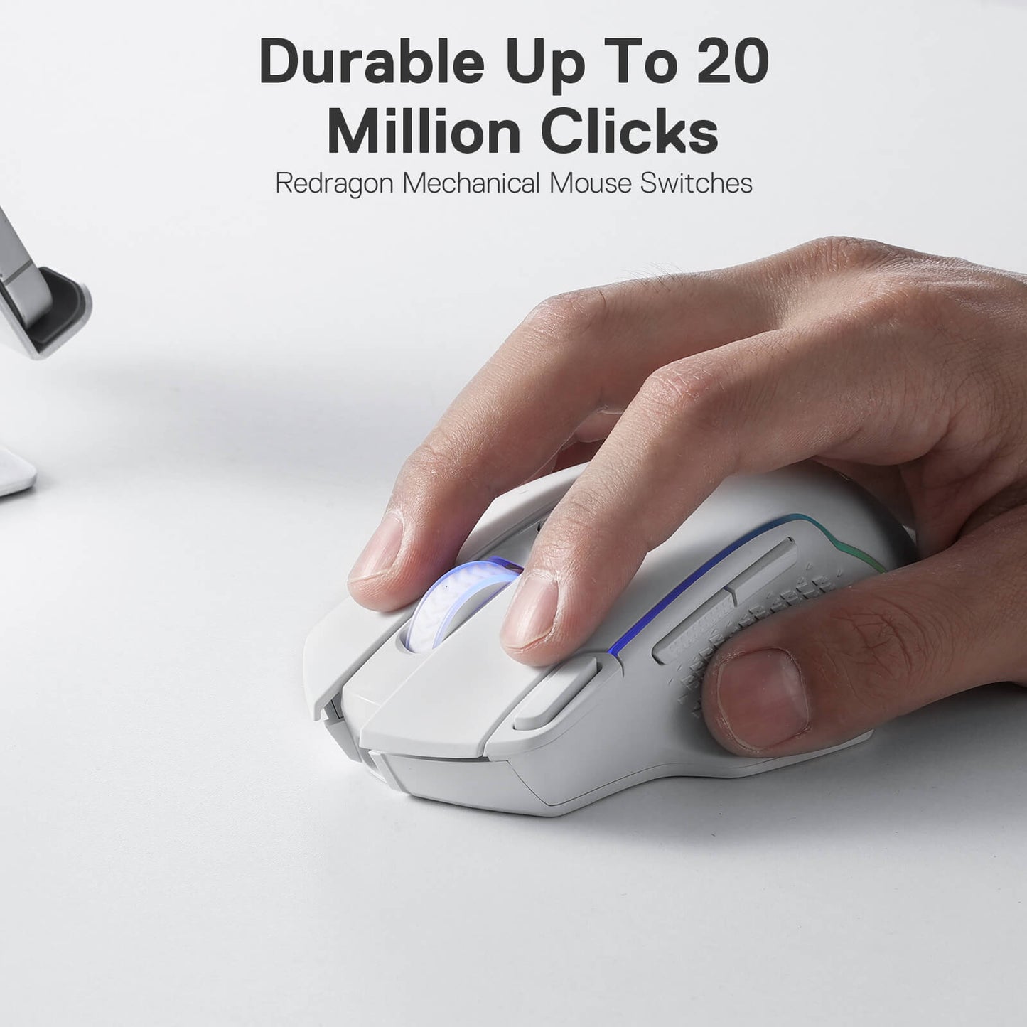 Redragon M810 PRO mouse showcasing 20 million click lifespan mechanical switches for long-lasting use