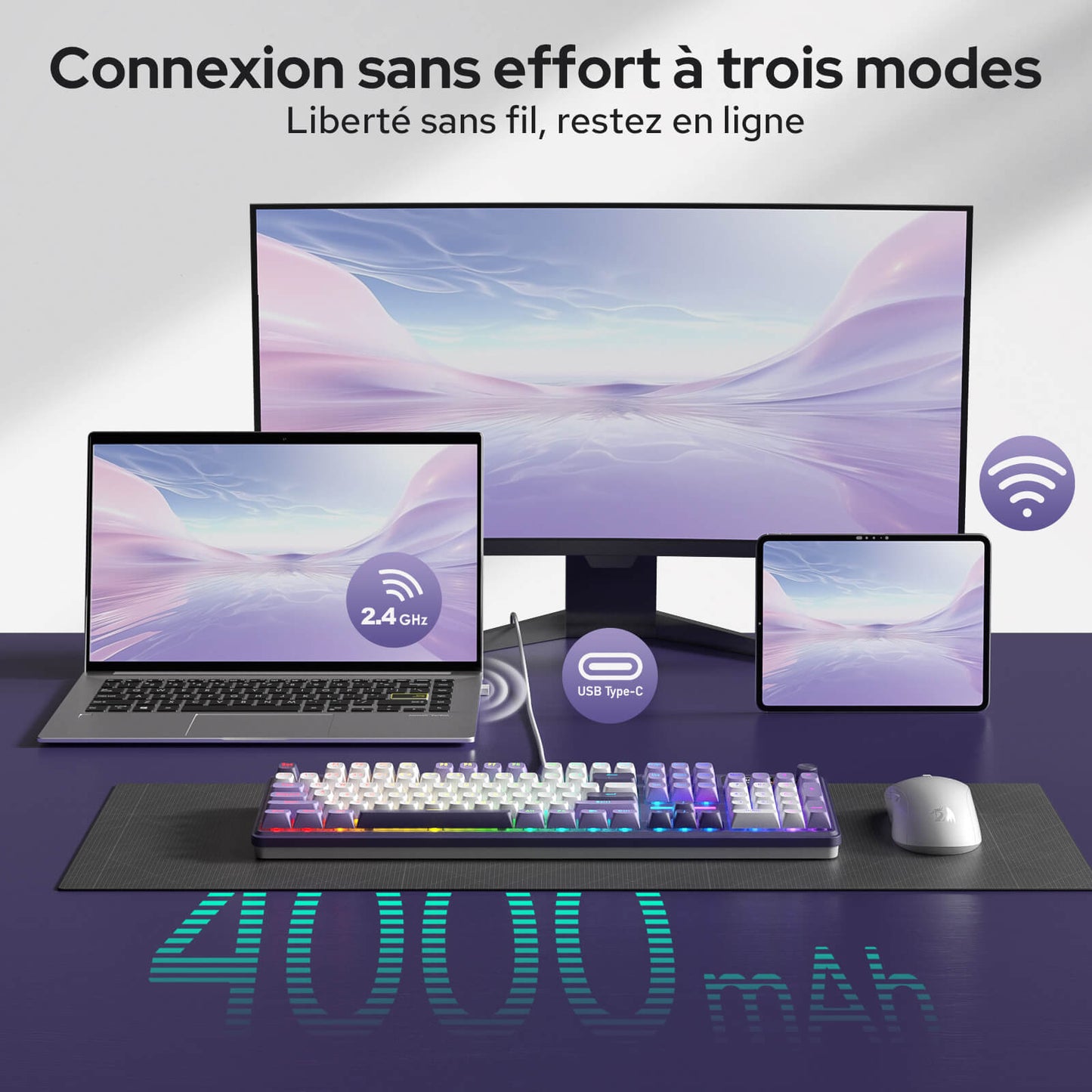 Clavier gaming sans fil Redragon K762 avec écran Hype et molette, clavier mécanique à 104 touches, écran d'information TFT de 3,2 cm facile à contrôler, isolation phonique à 5 couches, touches rondes en PBT, commutateurs linéaires personnalisés