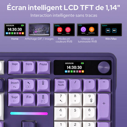 Clavier gaming sans fil Redragon K762 avec écran Hype et molette, clavier mécanique à 104 touches, écran d'information TFT de 3,2 cm facile à contrôler, isolation phonique à 5 couches, touches rondes en PBT, commutateurs linéaires personnalisés