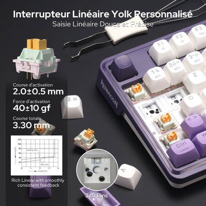Clavier gaming sans fil Redragon K762 avec écran Hype et molette, clavier mécanique à 104 touches, écran d'information TFT de 3,2 cm facile à contrôler, isolation phonique à 5 couches, touches rondes en PBT, commutateurs linéaires personnalisés