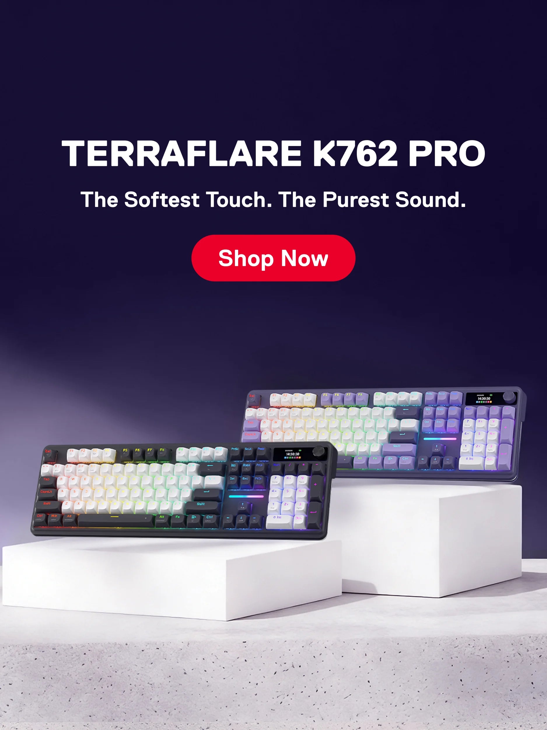 Terraflare K762 Pro keyboard with promotional text and 'Shop Now' button on a dark background