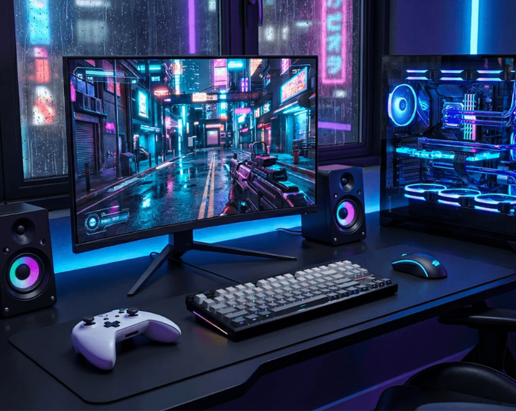 Redragon Gaming setup with a monitor, keyboard, mouse, and gaming controller on a desk.
