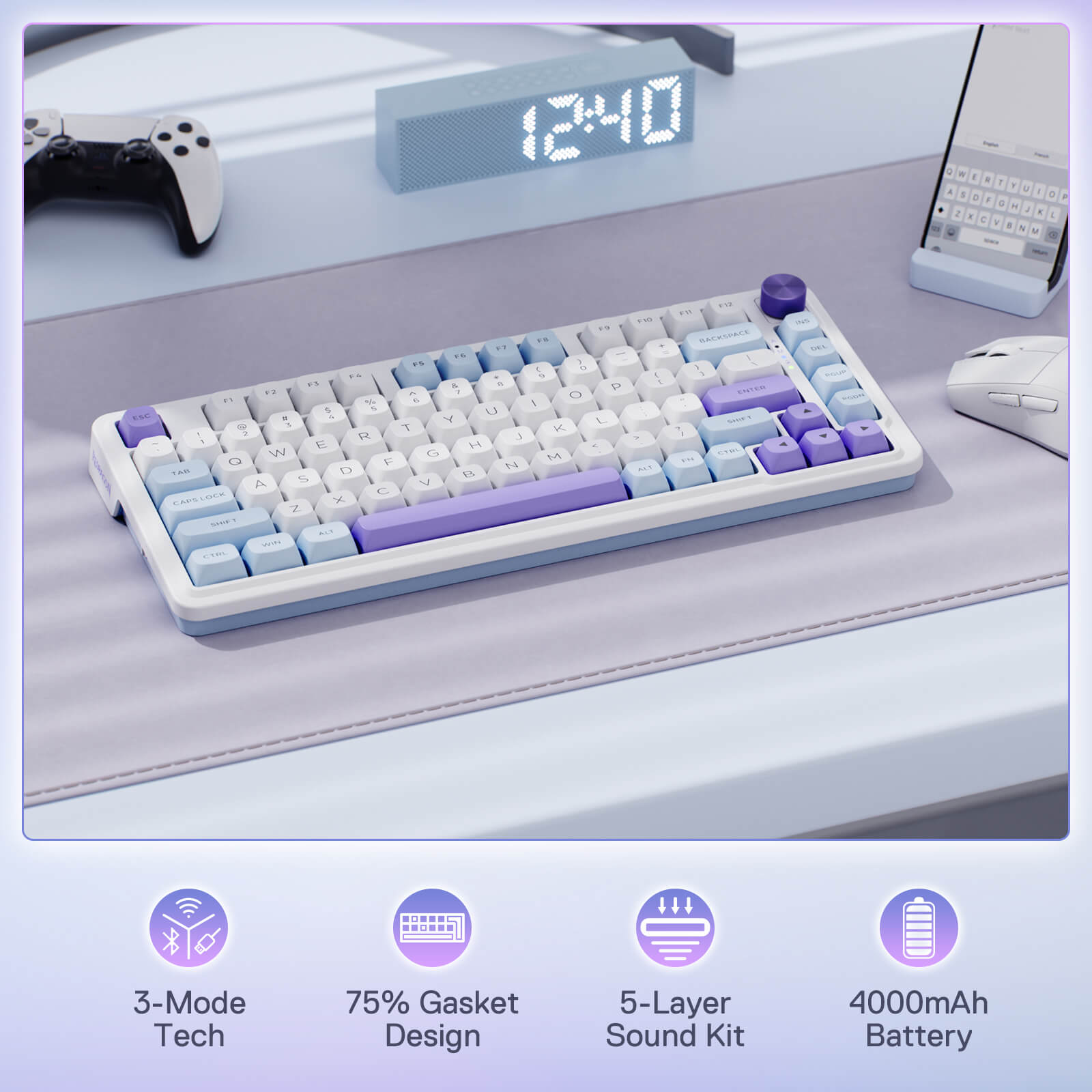 Redragon Mechanical Gaming Keyboard in Lavender and White Color Scheme - 3-Mode Wireless Technology, 75% Gasket Design, 5-Layer Sound Dampening, and 4000mAh Battery for Enhanced Gaming Performance