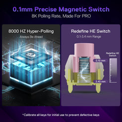 This graphic highlights the keyboard’s 0.1mm precise magnetic switch and 8000Hz hyper-polling rate, designed for pro-level performance.