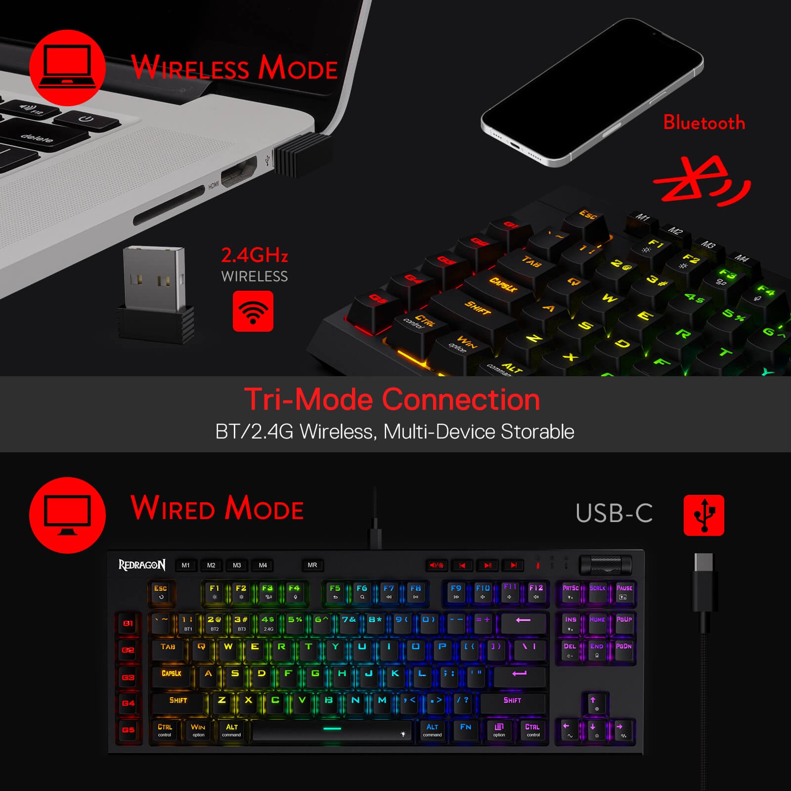 Redragon Wireless Gaming Keyboard | RGB Mechanical Keyboard | 87 Keys