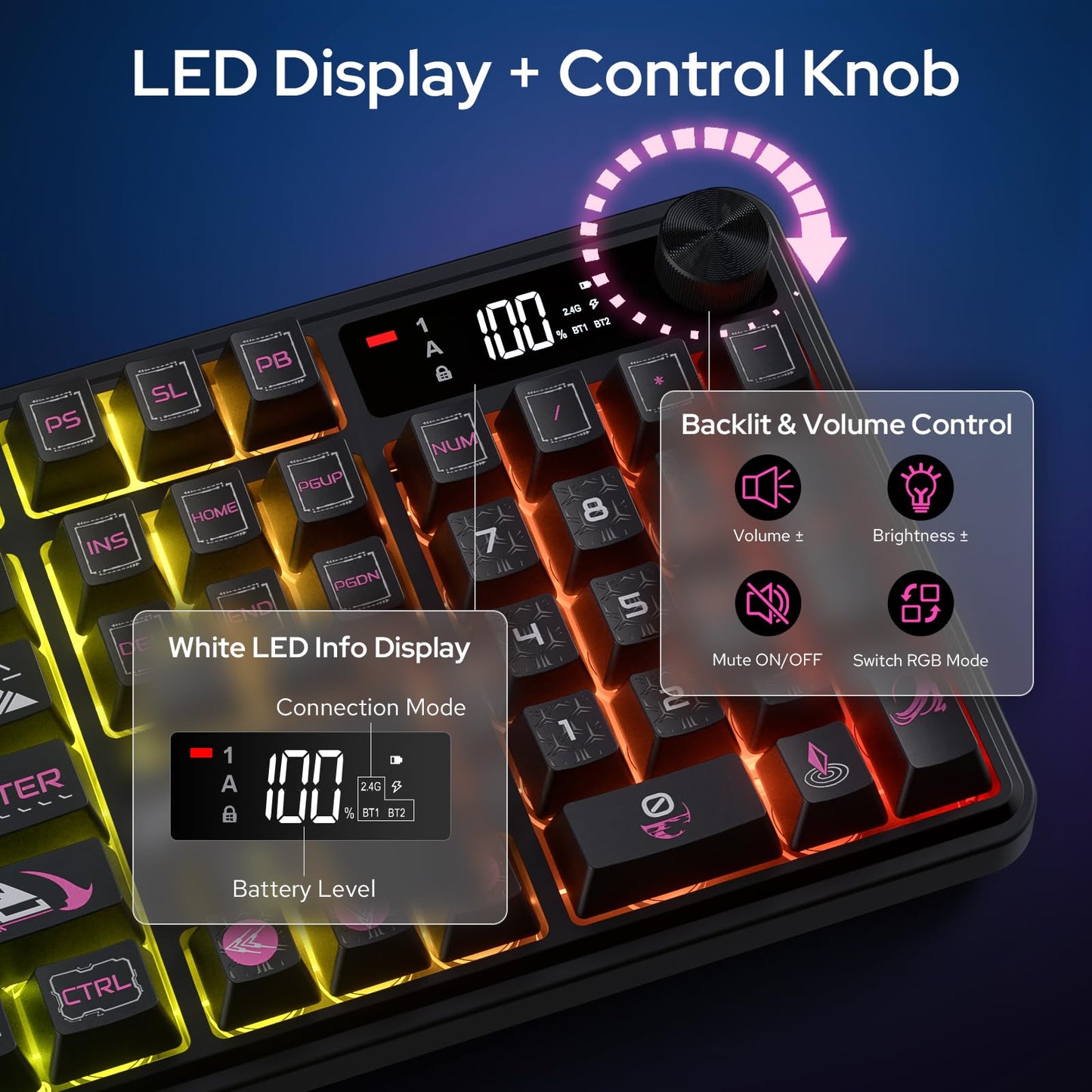 Redragon K526 PRO RGB Wireless Membrane Gaming Keyboard, 104 Keys Mechanical-Feel Keyboard w/LED Info Display, Media/Backlit Knob Control, Smooth Linear Switch & Software Supported