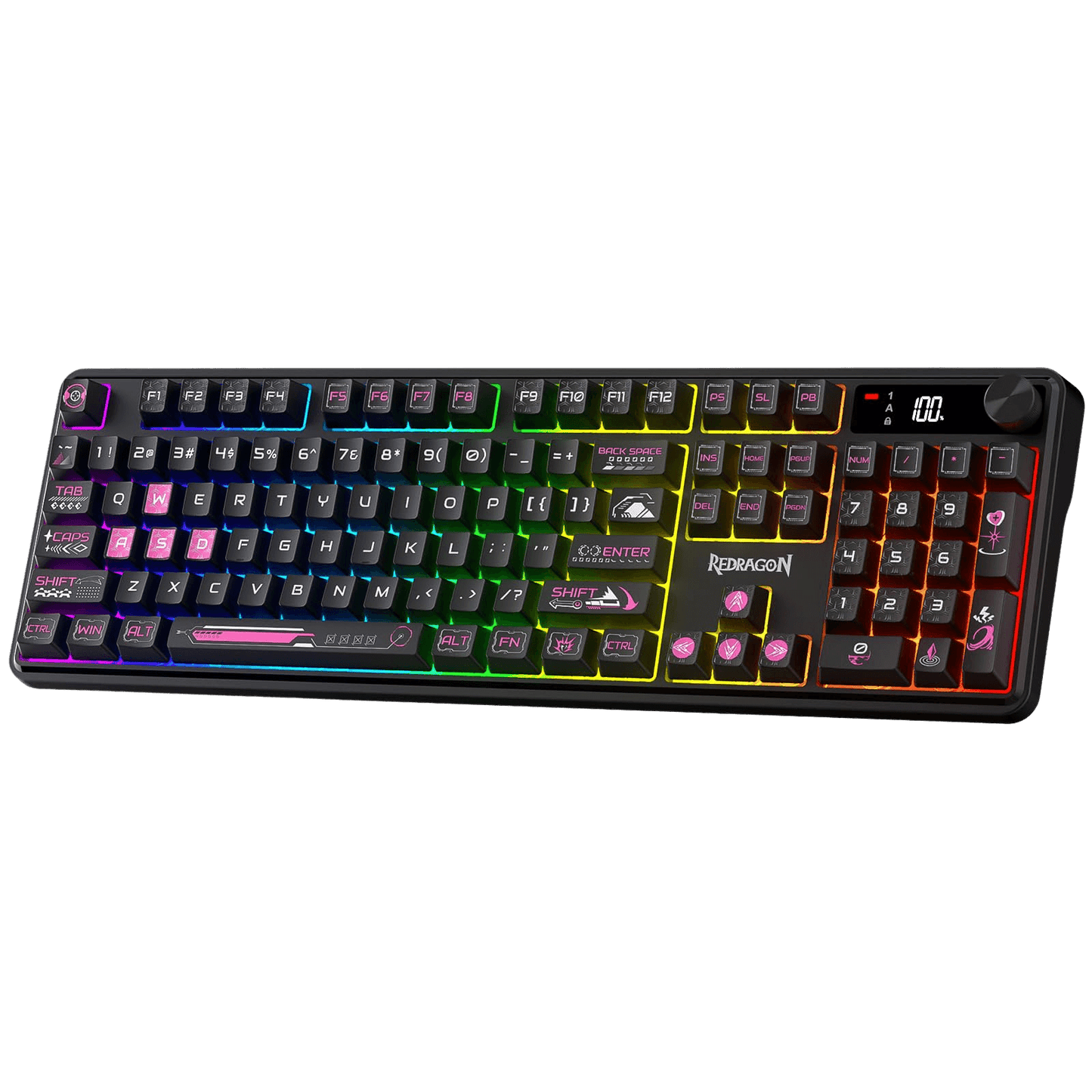 Redragon K526 PRO RGB Wireless Membrane Gaming Keyboard, 104 Keys Mechanical-Feel Keyboard w/LED Info Display, Media/Backlit Knob Control, Smooth Linear Switch & Software Supported | show