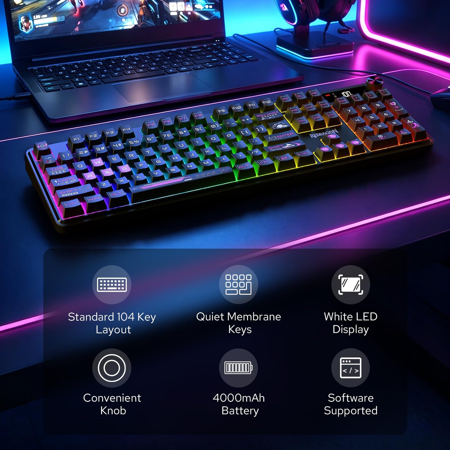 Redragon K526 PRO RGB Wireless Membrane Gaming Keyboard, 104 Keys Mechanical-Feel Keyboard w/LED Info Display, Media/Backlit Knob Control, Smooth Linear Switch & Software Supported