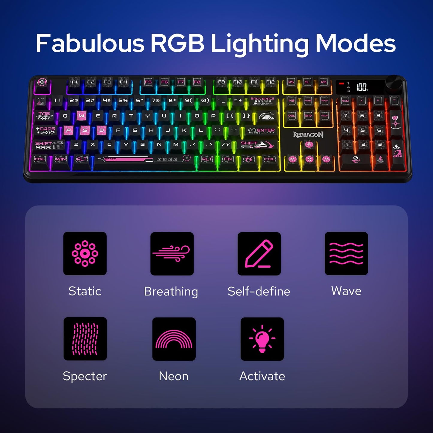 Redragon K526 PRO RGB Wireless Membrane Gaming Keyboard, 104 Keys Mechanical-Feel Keyboard w/LED Info Display, Media/Backlit Knob Control, Smooth Linear Switch & Software Supported