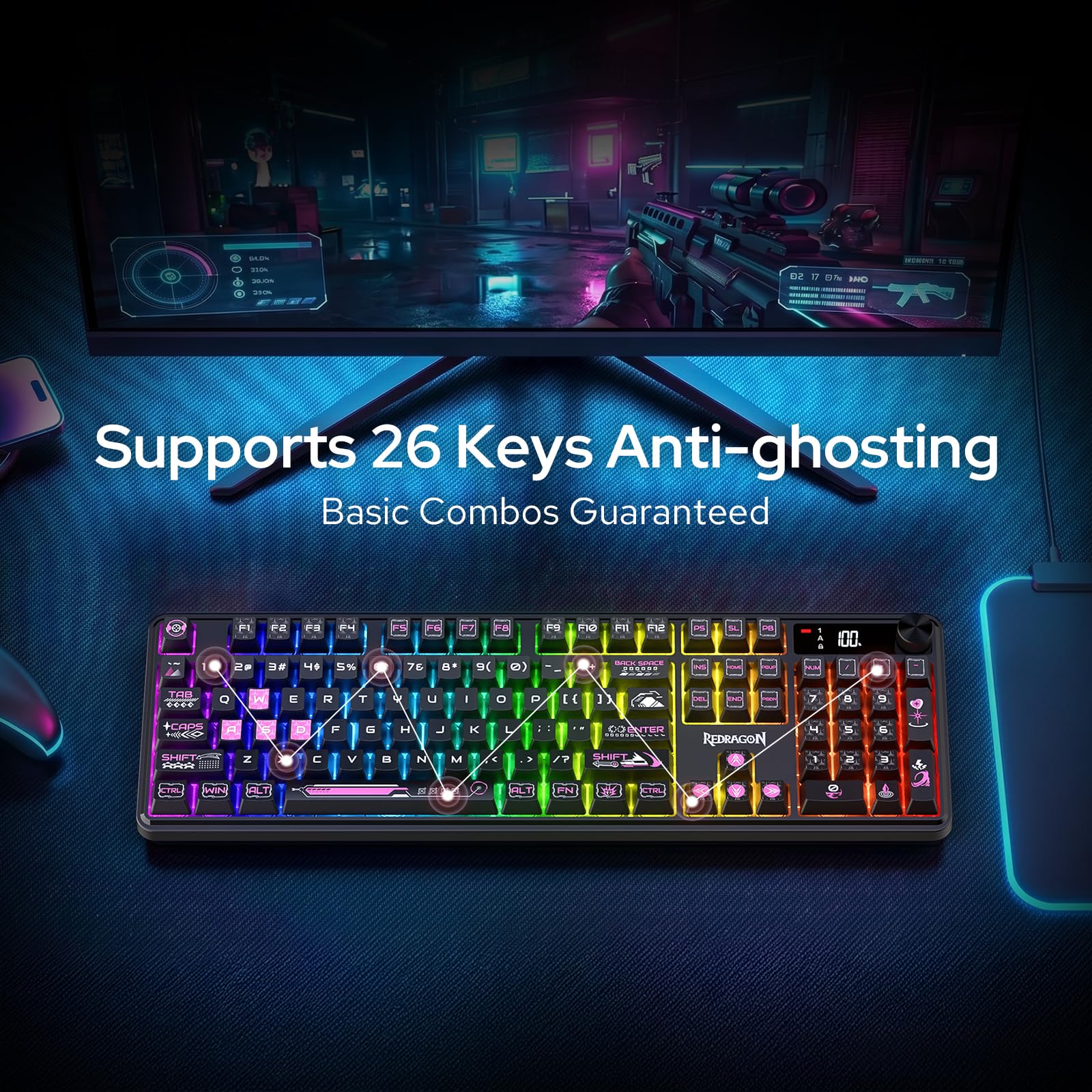 Redragon K526 PRO RGB Wireless Membrane Gaming Keyboard, 104 Keys Mechanical-Feel Keyboard w/LED Info Display, Media/Backlit Knob Control, Smooth Linear Switch & Software Supported