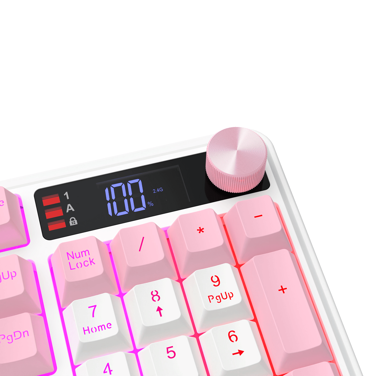 Close-up of a modern keyboard with pastel pink and white keys, a black display screen showing 100%, and a metallic pink rotary knob on a black background.