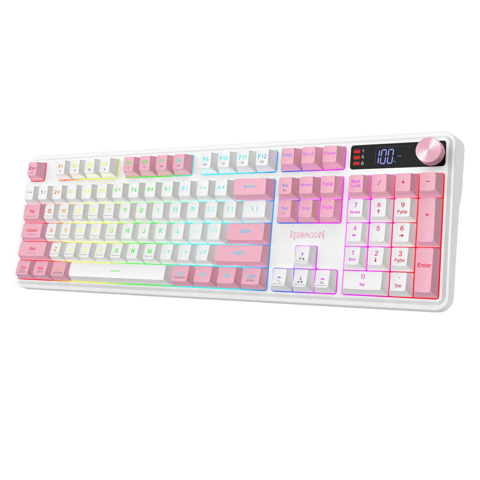 A compact mechanical keyboard with pastel pink, white, and light blue gradient keycaps, featuring a white frame, a digital display screen, and a pink rotary knob on the top right, set against a solid black background.