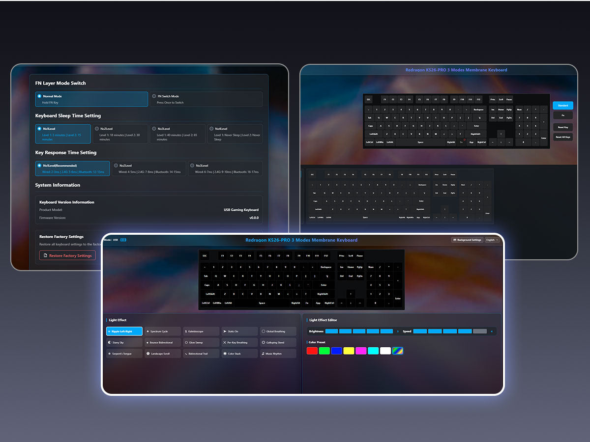 Three overlapping digital interface panels showing software settings for a keyboard, including a keyboard mode switch, sleep time setting, key depressor time setting, options information, and light filter settings, on a dark gradient background.