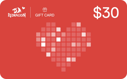 Redragon gift card with a heart design and $30 value on a red background