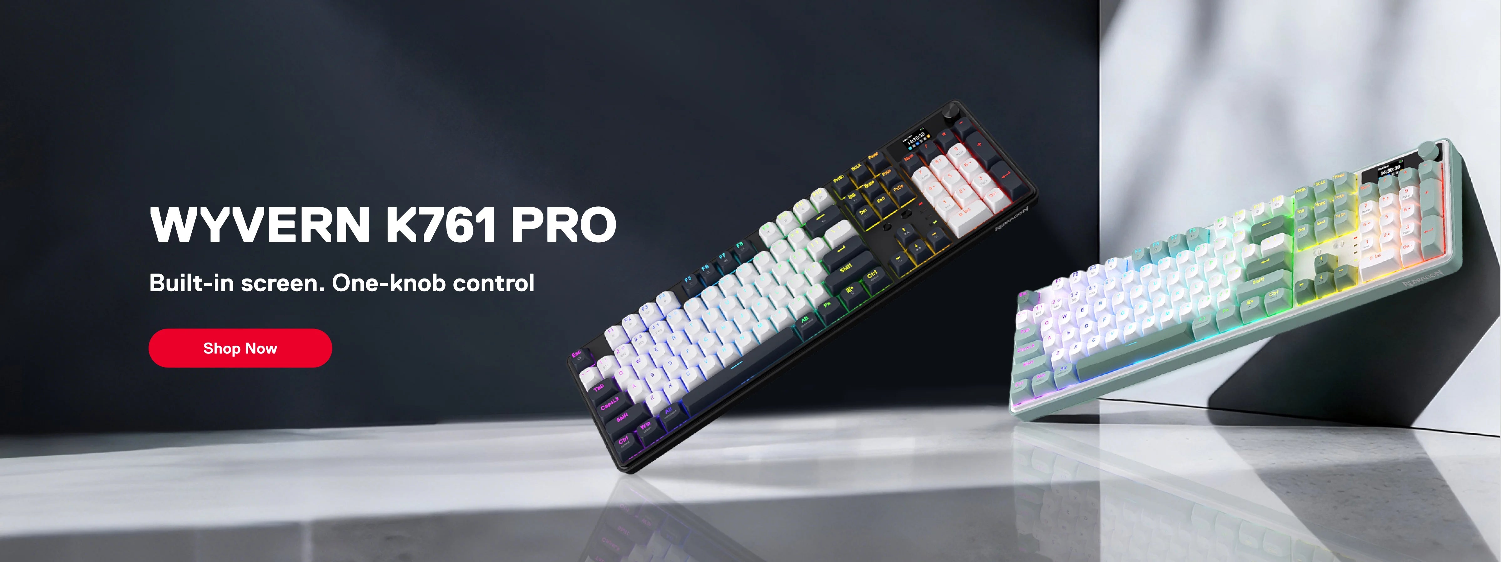 Wyvern K761 Pro keyboard with built-in screen and one-knob control on a dark background.