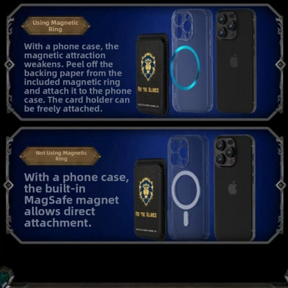 Split into two blue-themed sections, this guide explains attaching a Warcraft Alliance card holder: the top ("Using Magnetic Ring") tells users to stick an included ring to non-MagSafe cases, while the bottom ("Not Using Magnetic Ring") notes direct attachment to MagSafe cases—both show the holder, case, and phone.