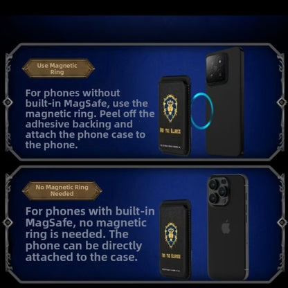 Split into two blue, Warcraft-themed sections, this guide explains attaching an Alliance-emblem card holder: the top ("Use Magnetic Ring") tells non-MagSafe phones to stick an adhesive ring to the case, while the bottom ("No Magnetic Ring Needed") notes MagSafe phones attach directly—both show the holder and a phone.