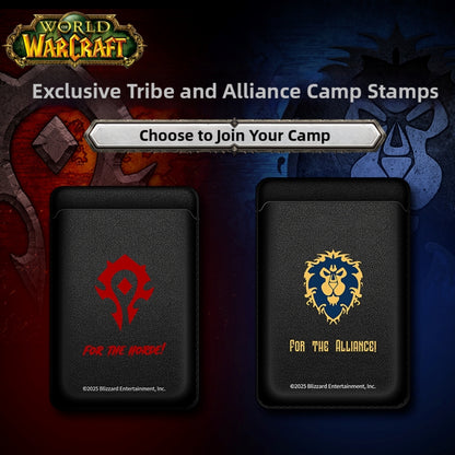 Under the "WORLD OF WARCRAFT" logo, this graphic showcases two black card holders: one with the Horde’s red emblem ("FOR THE HORDE!") on a red backdrop, the other with the Alliance’s lion emblem ("FOR THE ALLIANCE!") on a blue backdrop. Text invites users to "Choose to Join Your Camp" with these exclusive faction-themed designs.
