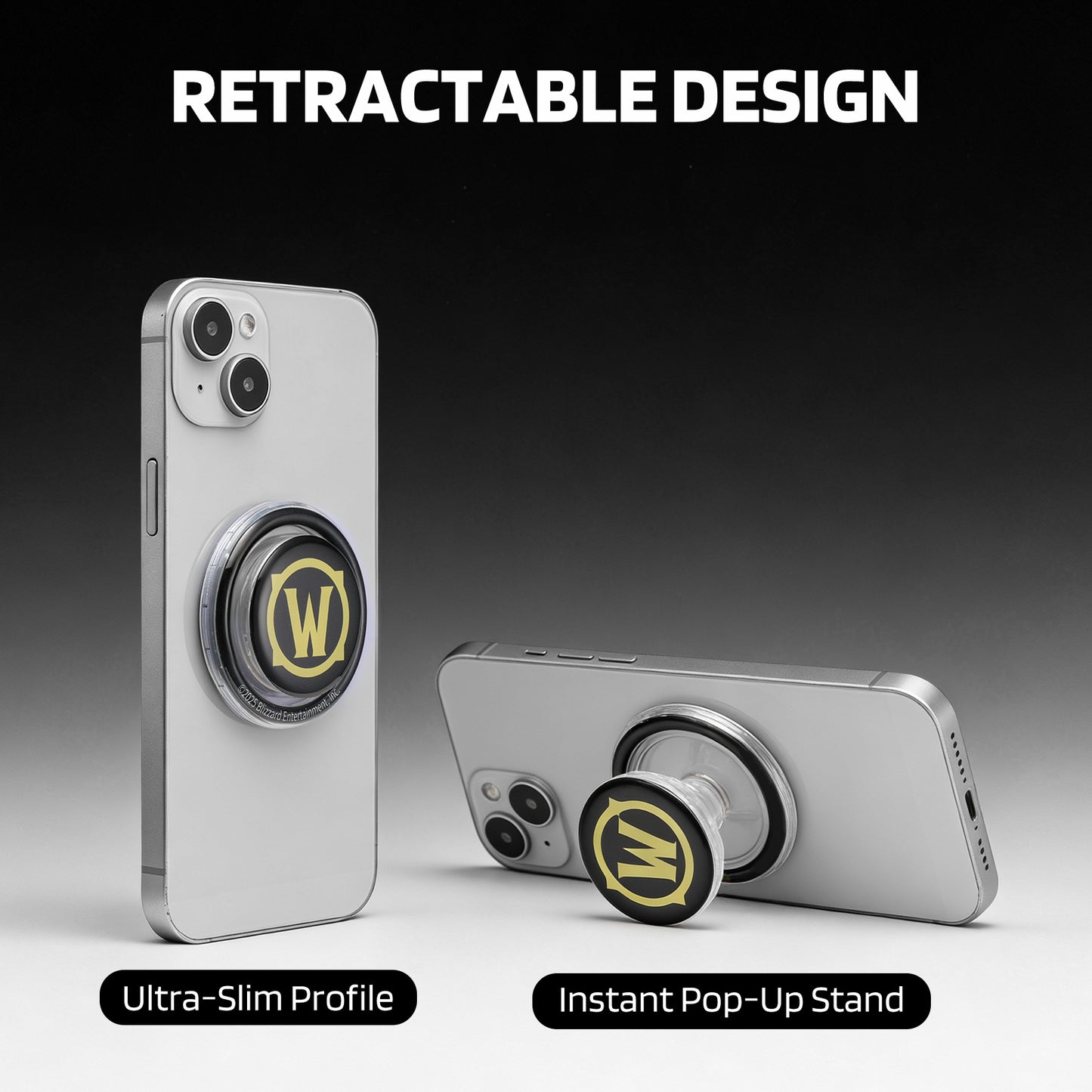 Against a dark-to-light gradient backdrop, this image shows a silver smartphone paired with a retractable stand: on the left, the stand (marked with a yellow "W" logo) lies flat (labeled "Ultra-Slim Profile"), while on the right, it pops up to prop the phone (noted as "Instant Pop-Up Stand"), with "RETRACTABLE DESIGN" atop to highlight the feature.