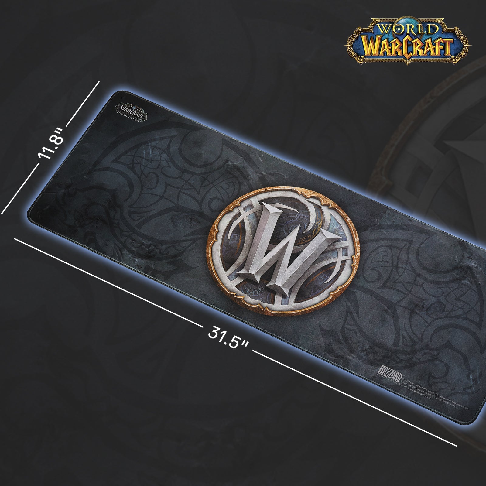 This image displays an WoW WoW-themed Design Black mouse pad (31.5"×11.8"), featuring WoW’s illustration, set against a city night backdrop.