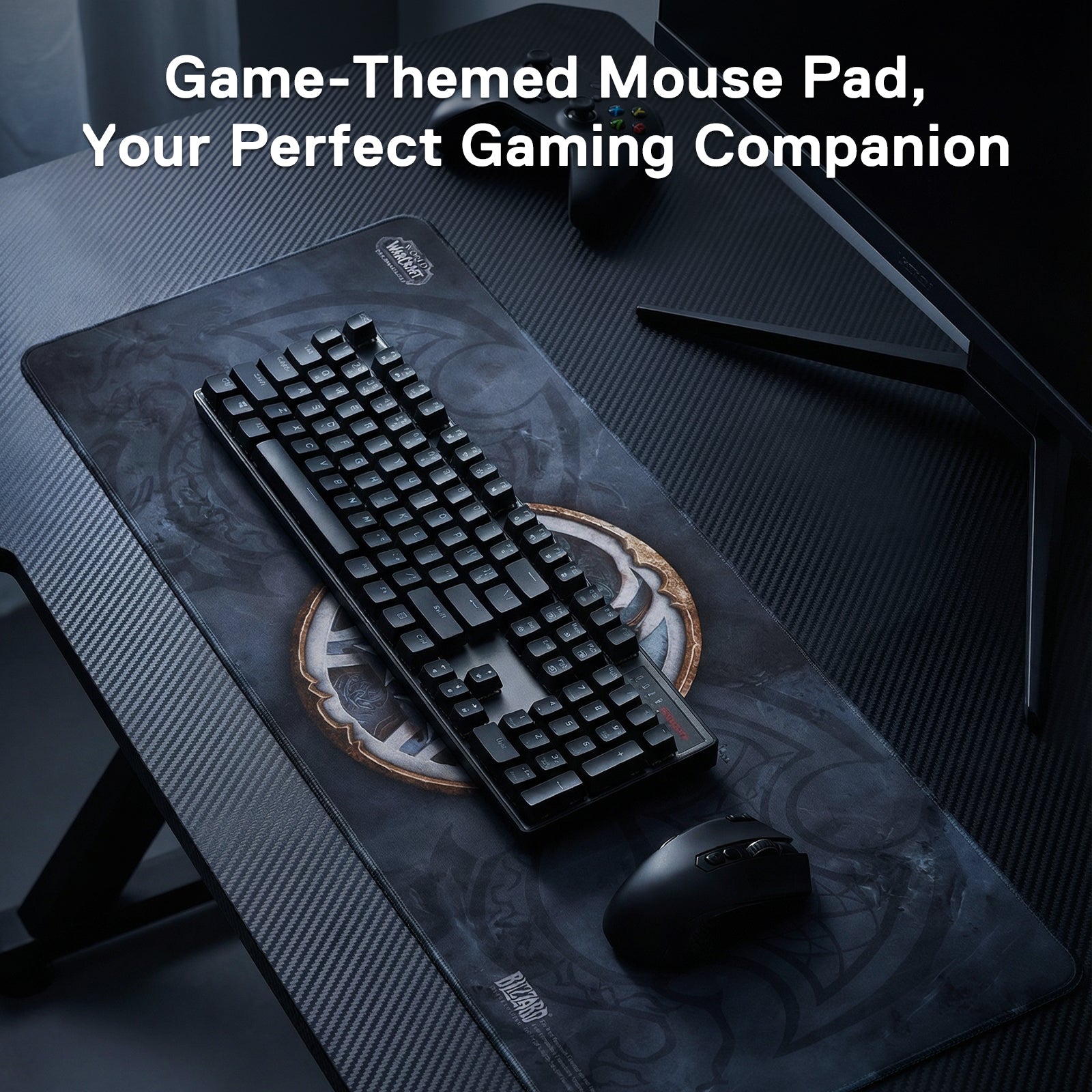 The WoW mouse pad is integrated into a gaming setup (with a keyboard and mouse), framed by the text "Game-Themed Mouse Pad, Your Perfect Gaming Companion."