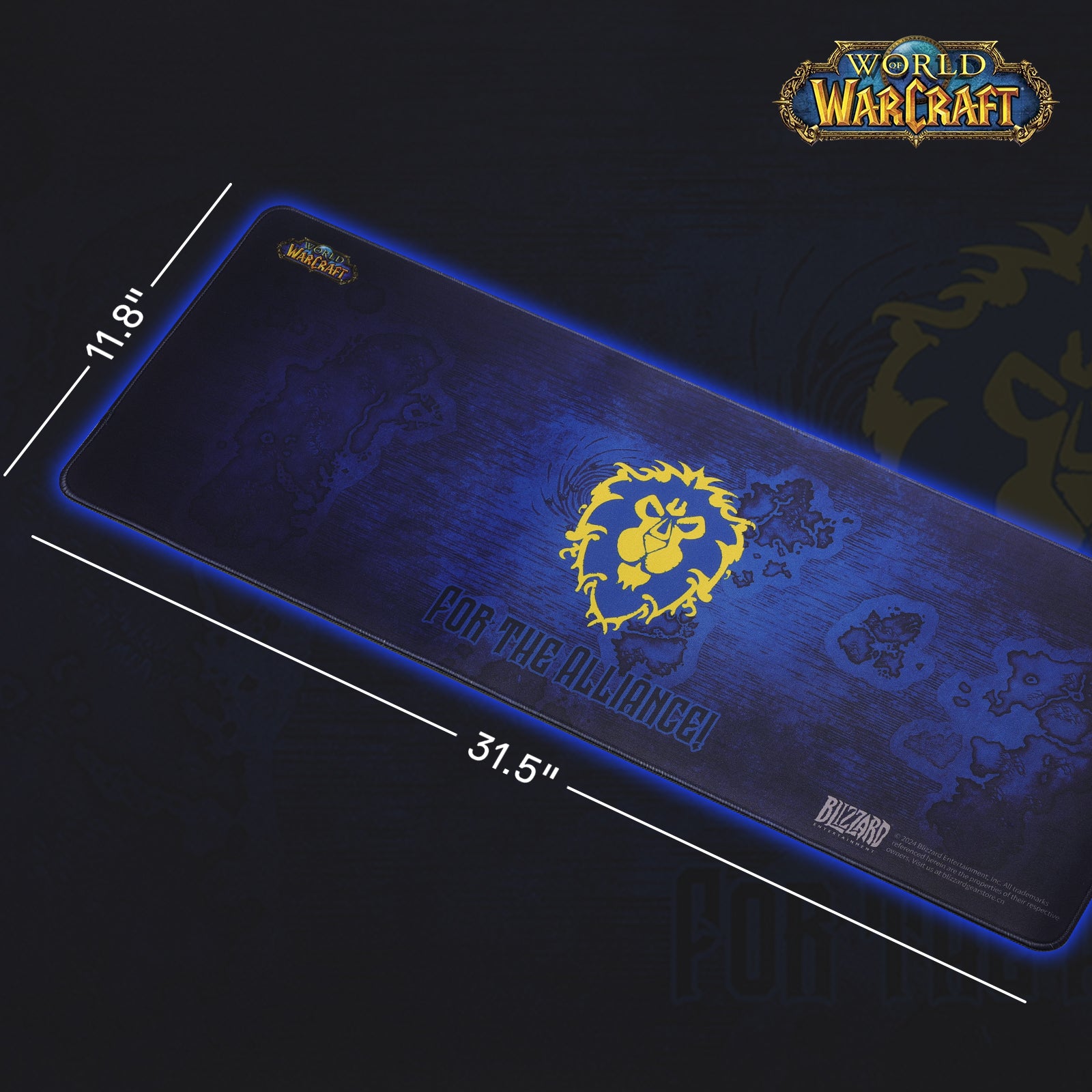 This Alliance-themed mouse pad (31.5"×11.8") features the Alliance emblem, "For the Alliance!" slogan, and WoW/Blizzard logos, highlighted by a glowing blue border.