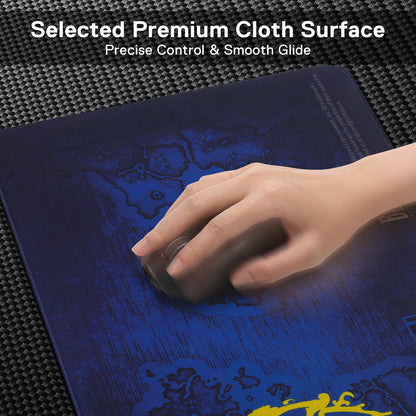 A hand glides a mouse on the Alliance mouse pad, showcasing its "Selected Premium Cloth Surface" that enables precise control and smooth movement.