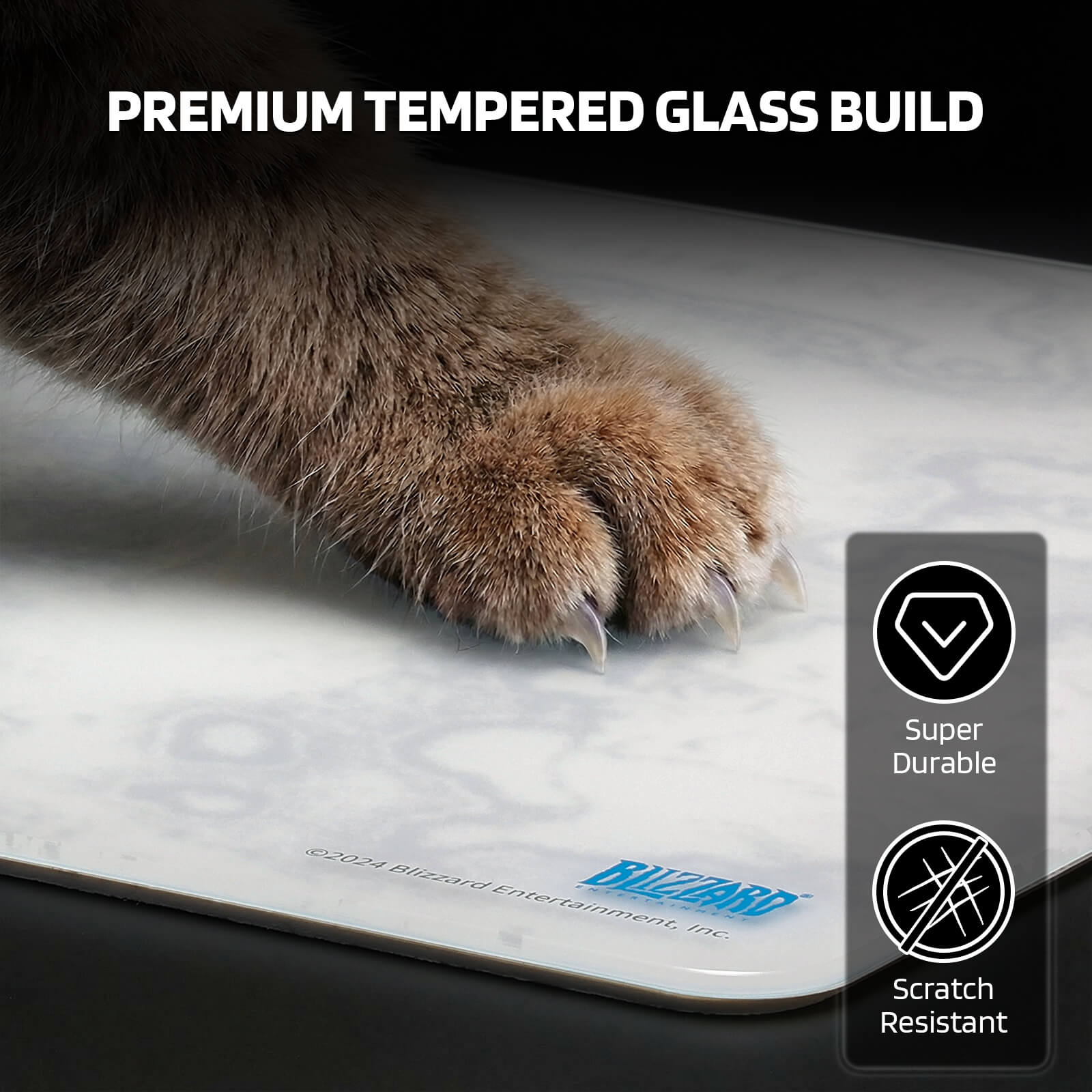 The pad’s "PREMIUM TEMPERED GLASS BUILD" is super durable and scratch-resistant, even against a cat’s claws.