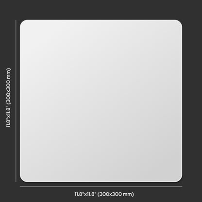 White glass mousepad with dimensions on a black background