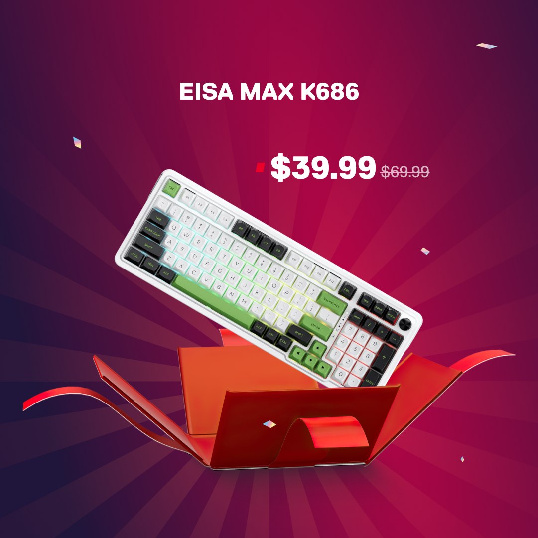 EISA MAX K686 keyboard with price on a red and purple background