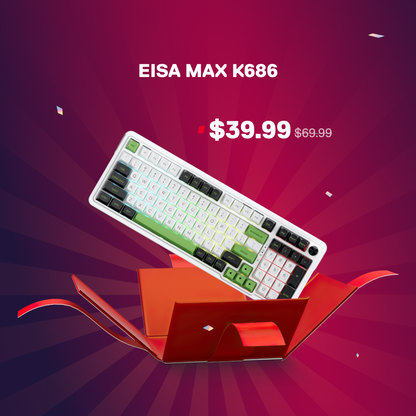 EISA MAX K686 keyboard with price on a red and purple background