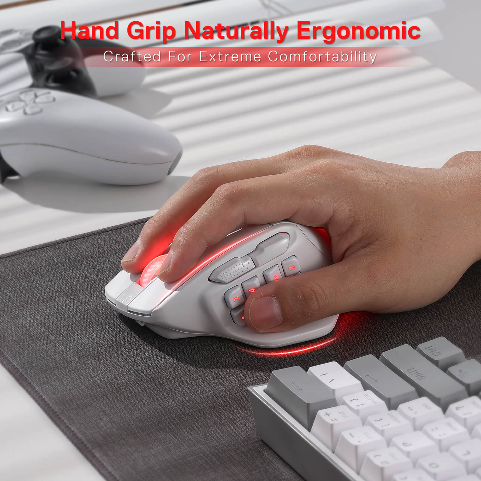 Hand hovering over the AATROX M811 PRO mouse on a black mouse pad, emphasizing the ergonomic design and precision.