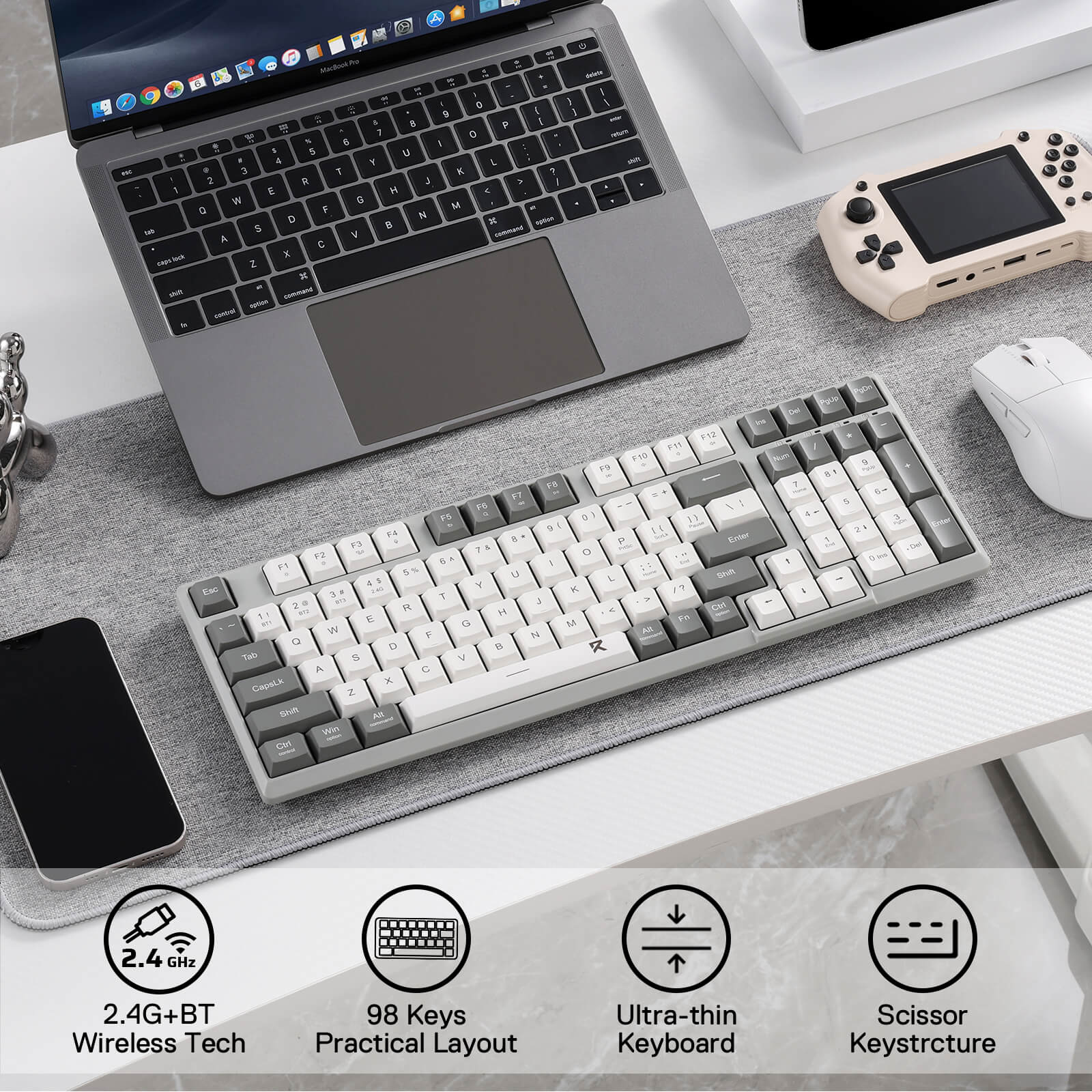 Redragon BK7114 Tri-modes Wireless Keyboard with Scissor Mechanism, this ultra-thin keyboard offers a quiet keystroke and 96% 98 Keys QWERTY Layout with Number Pad for maximum functionality without sacrificing space. Grey and White Mixed-Color Keycaps are perfect for minimalism. Designed for home, office, or work.