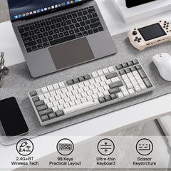 Redragon BK7114 Tri-modes Wireless Keyboard with Scissor Mechanism, this ultra-thin keyboard offers a quiet keystroke and 96% 98 Keys QWERTY Layout with Number Pad for maximum functionality without sacrificing space. Grey and White Mixed-Color Keycaps are perfect for minimalism. Designed for home, office, or work.