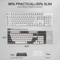 Redragon BK7114 Scissor Mechanism Slim Wireless Keyboard in White Grey with 96% 98 Keys QWERTY Layout and Number Pad for maximum functionality without sacrificing space