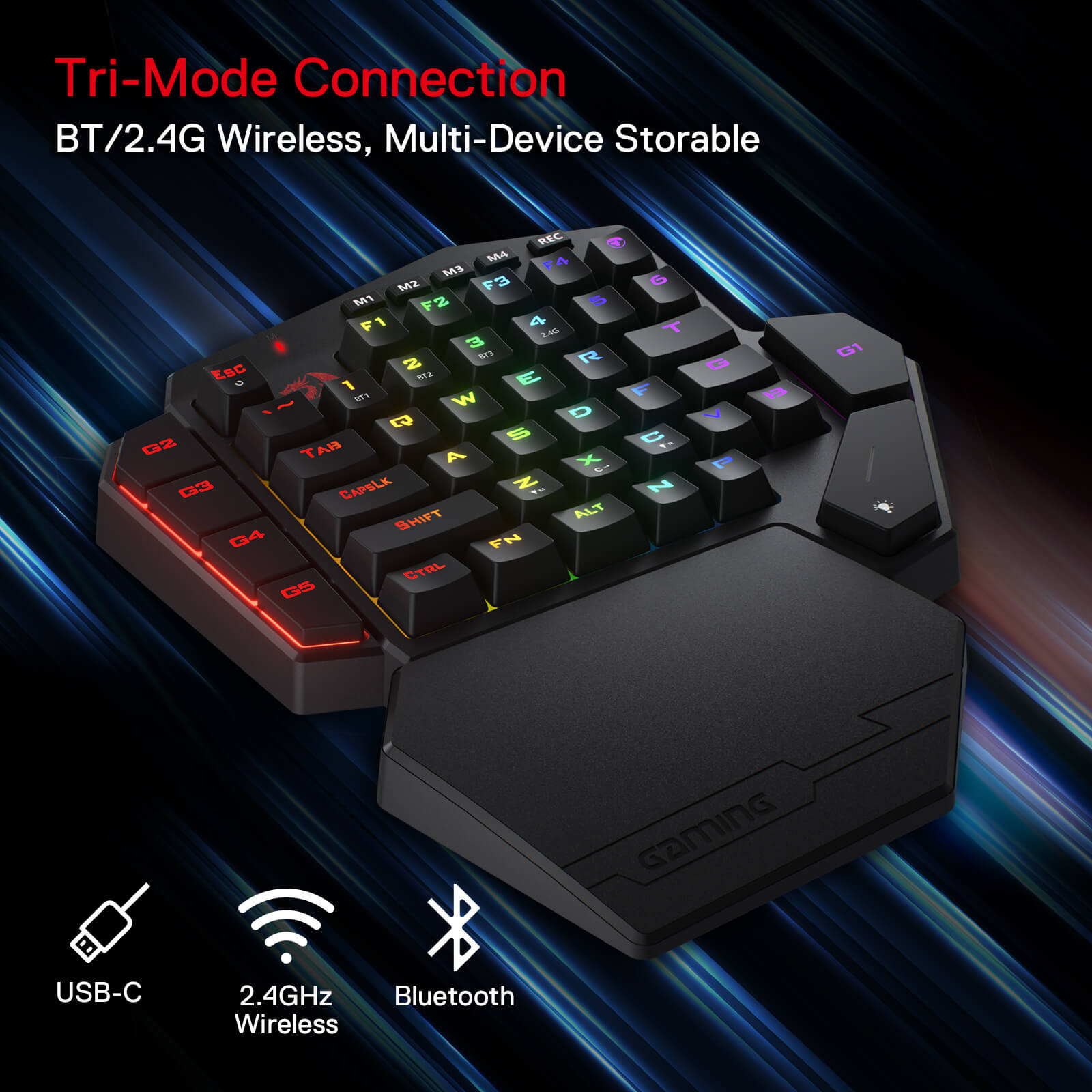 Redragon K585 PRO Wireless One-Handed Mechanical Keyboard, 42 Keys 3-Mode RGB 40% Gaming Keypad w/ 7 Onboard Macro Keys, Detachable Wrist Support, Durable Battery 