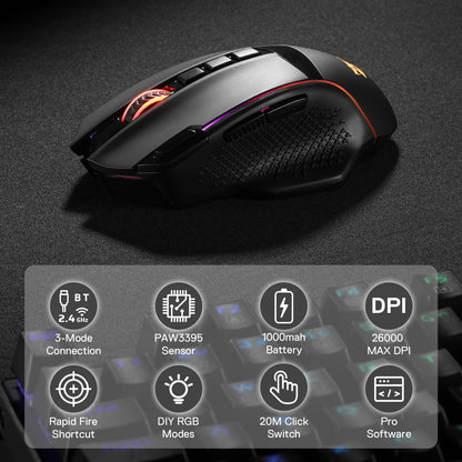 Redragon M991 Wireless Gaming Mouse, 26000 DPI 3-Mode Mice with Professional Sensor, Durable Power Capacity, Customizable Macro and RGB Backlight for PC/Mac/Laptop, Black