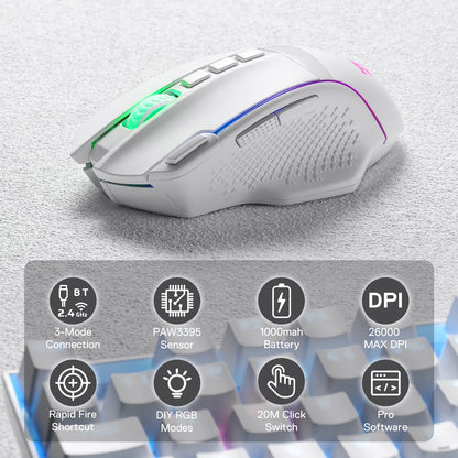 Redragon M991 Wireless Gaming Mouse, 26000 DPI 3-Mode Mice with Professional Sensor, Durable Power Capacity, Customizable Macro and RGB Backlight for PC/Mac/Laptop, White