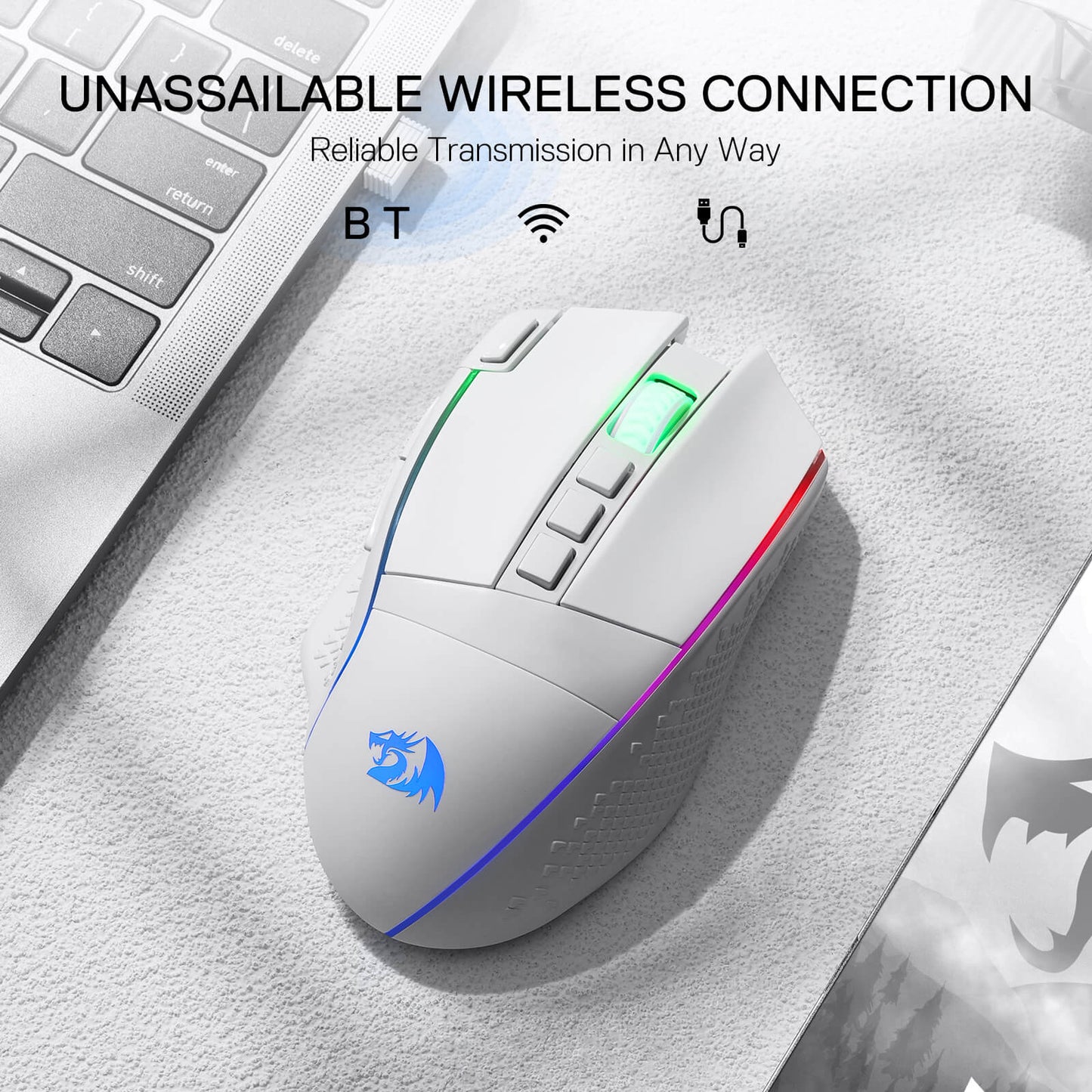 Redragon M991 Wireless Gaming Mouse, 26000 DPI 3-Mode Mice with Professional Sensor, Durable Power Capacity, Customizable Macro and RGB Backlight for PC/Mac/Laptop, White