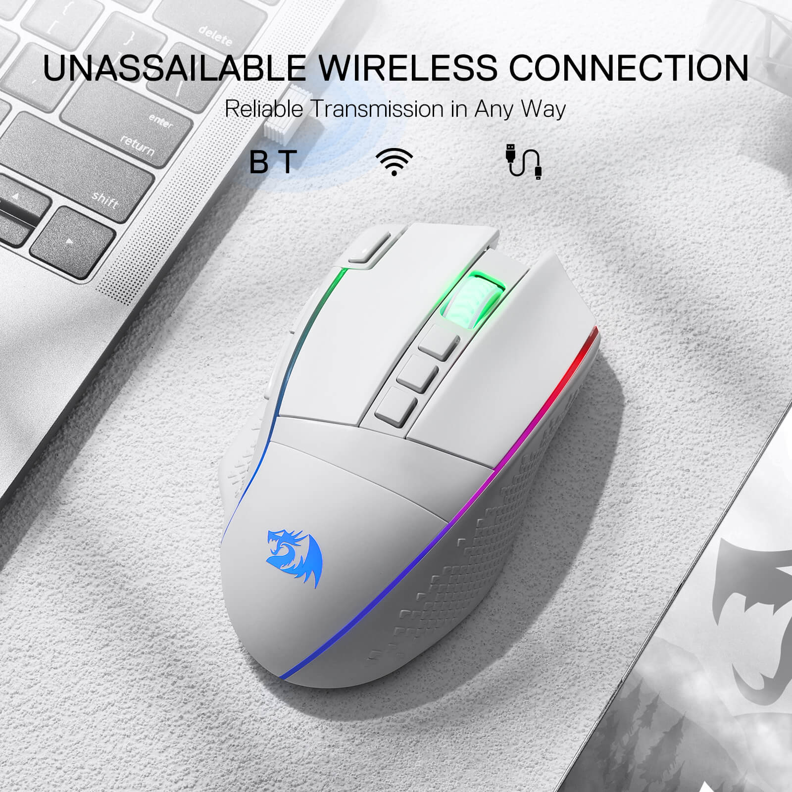 Redragon M991 Wireless Gaming Mouse, 26000 DPI 3-Mode Mice with Professional Sensor, Durable Power Capacity, Customizable Macro and RGB Backlight for PC/Mac/Laptop, White