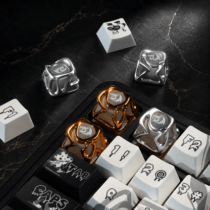 RGB shine-through artisan keycap installed on a mechanical gaming keyboard setup.