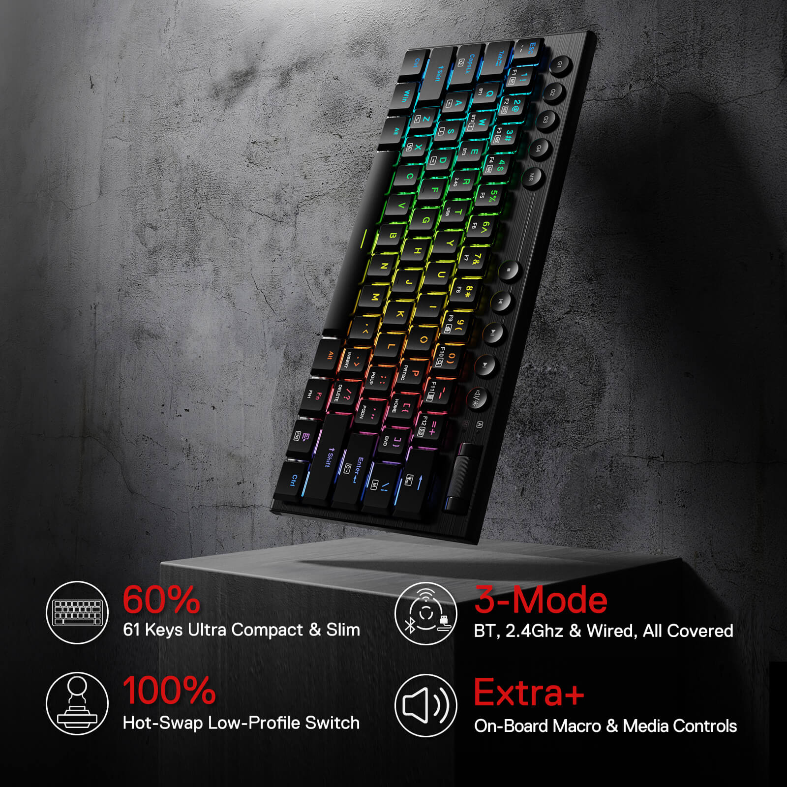 Bluetooth2.4GhzWired Tri-Mode Ultra-Thin Low Profile Gaming Keyboard